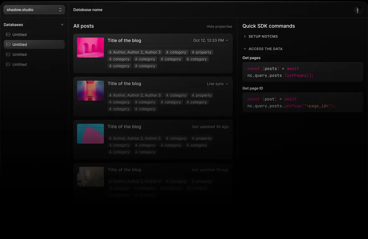 Dashboard screenshot of NotCMS